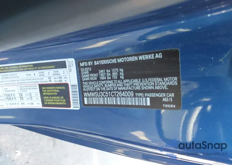 2012 Mini Cooper z USA, uszkodzony, nr VIN WMWSU3C51CT264009